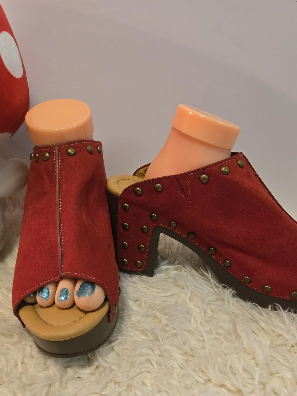 Cato Red Suede Studded Platform Mule Heels